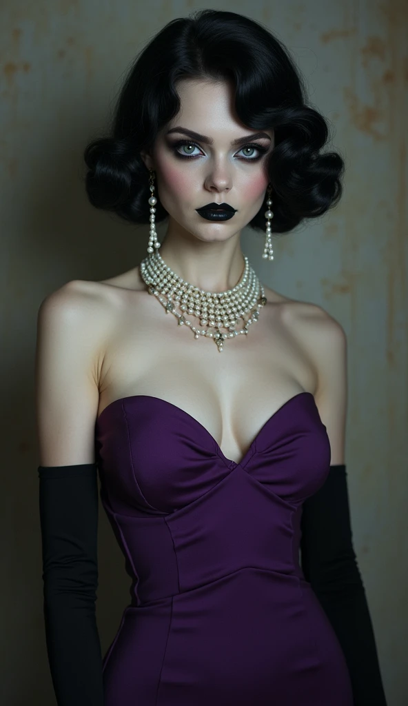 an adult woman with a curvaceous build, she has a pale complexion accompanied by a long diamond-shaped jawline, painted black lips and eyes consisting of dark sclerae with glowing white pupils. Additionally, her hair is styled reminiscent of the 1960s, with a black curly vintage bob cut.
Linda dons an off-shoulder purple knee-high dress, a pearl beaded necklace to compliment her thin neck, and black opera gloves that extend to her elbow