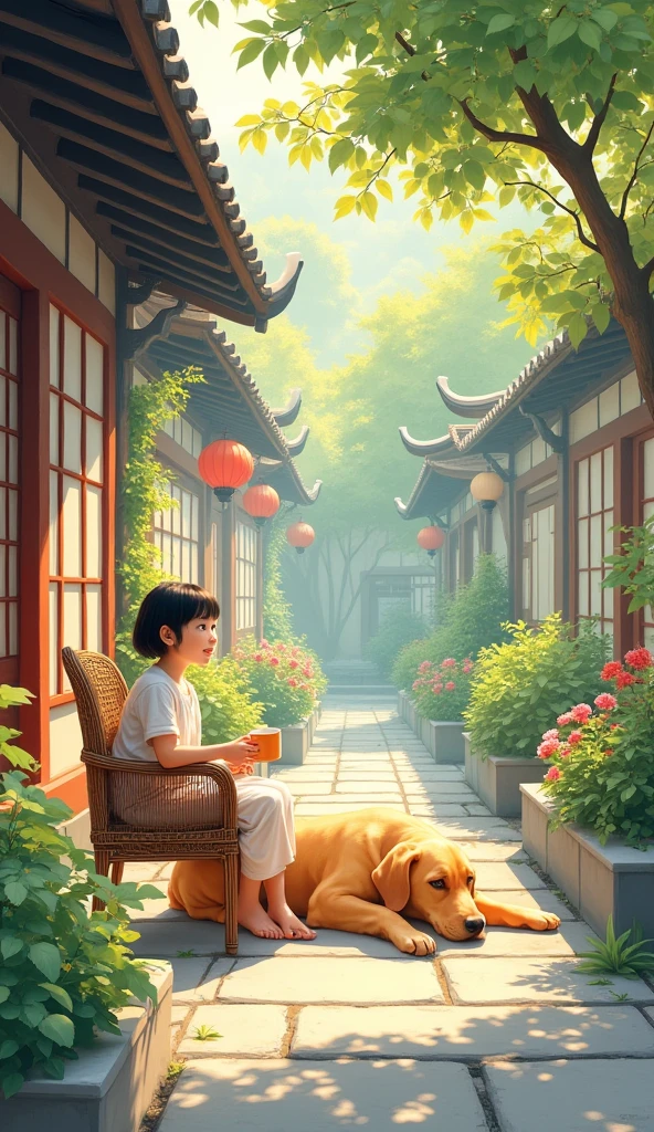 Simple color ink painting on cotton.early morning,The sun shines into the courtyard.Flowers and trees grow luxuriantly on the stone road.Taiwanese beautiful girl Qingrou hides short hair,Cute, shy and timid,Sitting on a wicker chair and reading.Enjoy coffee and sunshine.There's a big yellow dog lying next to him.It’s a comfortable and peaceful morning moment..Masterpiece close-up.Beautiful and textured foregrounds and backgrounds,detailed, bright, Animation style high definition and high quality presentation((A masterpiece with a resolution of up to 16K):1.6),((soft_color_photography:)1.5), ((Super detailed):1.4),((Typical still images and dynamic angles):1.3), ( perfect anatomy )complex patterns, soft shadows, highly detailed structures, Digital art, high detail,