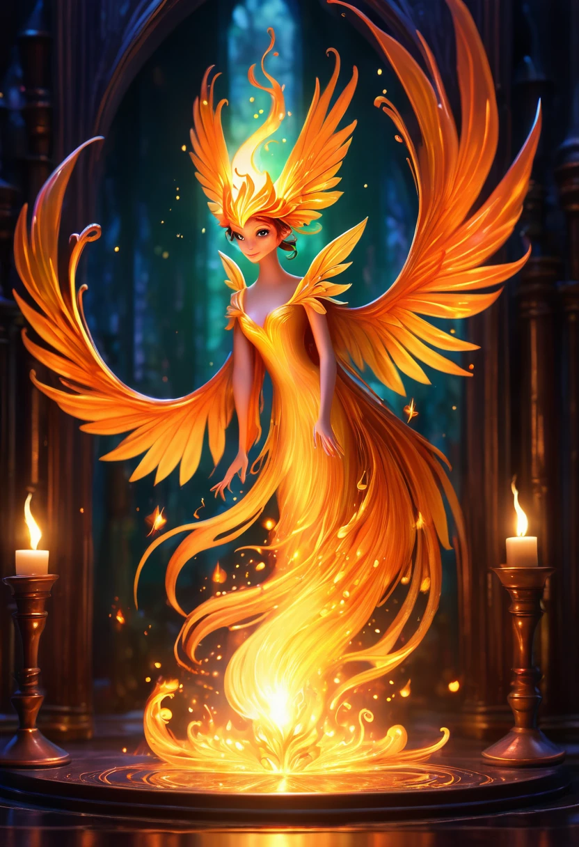 A tiny fairy phoenix emerging from a candle flame in a dim Wizards laboratory
