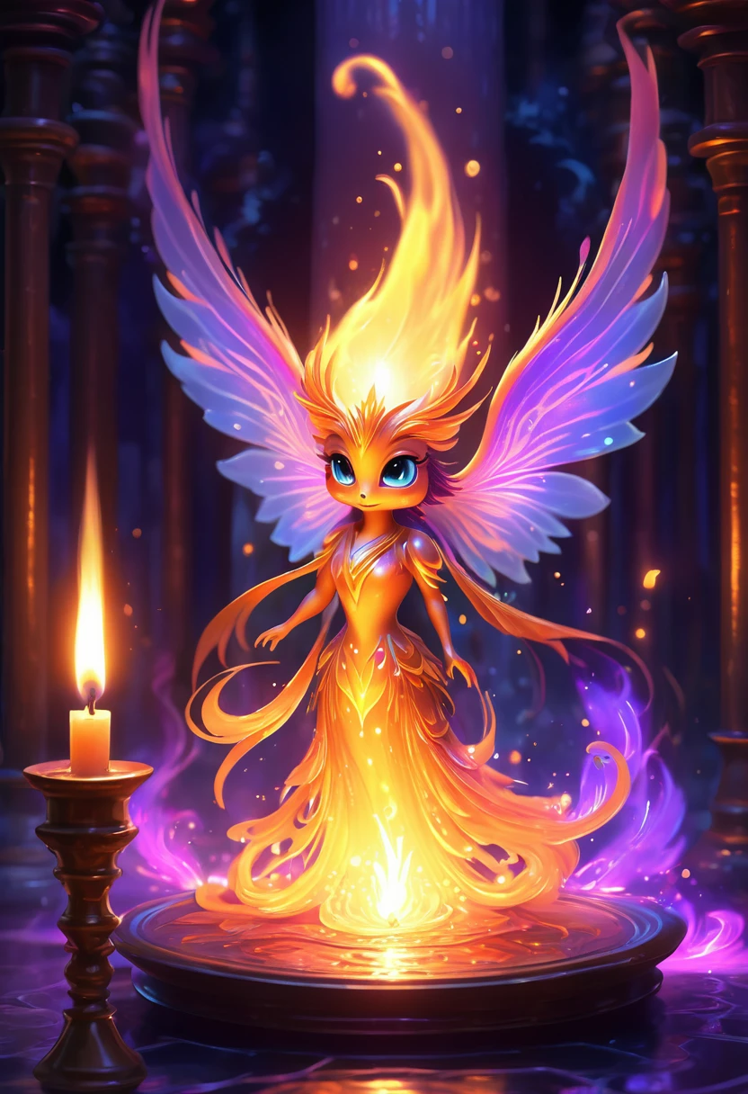 A tiny fairy phoenix emerging from a candle flame in a dim Wizards laboratory