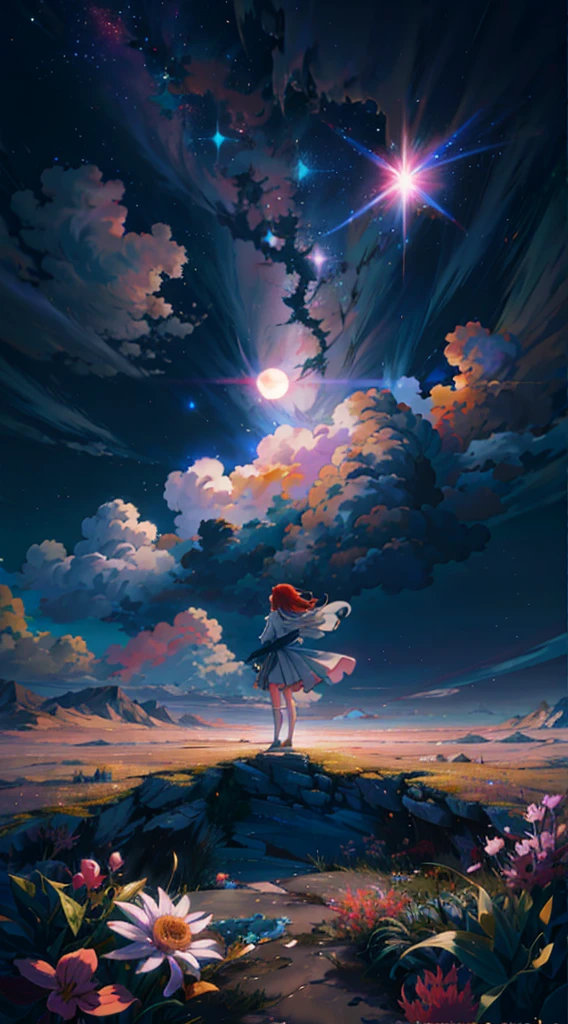 Anime girl standing on mountain looking at the stars, dreamlike digital painting, Inspired by Cyril Rolando, Makoto Shinkai Cyril Rolando, rhads and lois van baarle, Anime art wallpaper 8 K, Anime art wallpaper 4k, Anime art wallpaper 4 K, wlop and RHADS, 4k highly detailed digital art, Inspired by RHADS