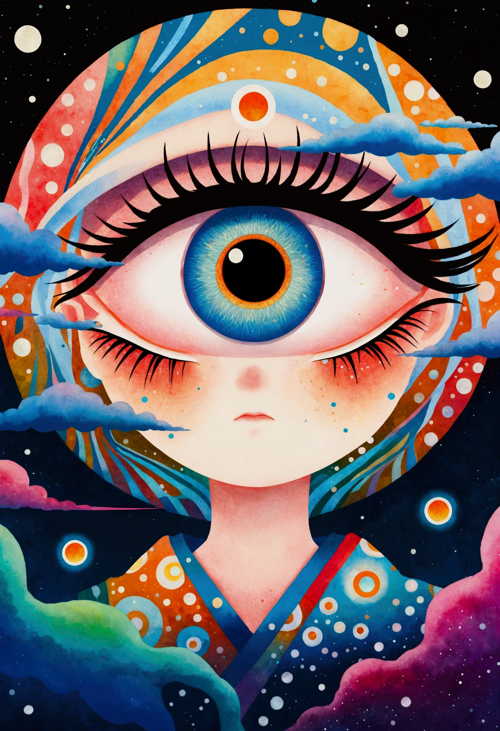 这幅画描绘了一个男人站在一颗五彩缤纷的Eye前, Murakami Chemical Illustrations, pixiv, Concept Art, Fantasy psychedelic anime, Color illustrations, Psychedelic illustration, Look into my eyes, Blurred dreamy illustration, humEyes, Blurred dream picture, Eye, 没有Eye, 睁大你的Eye, Eye of the Universe