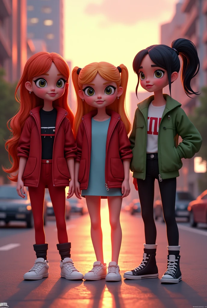 Three realistic girls, inspired by the Powerpuff Girls, standing together in a modern city at dusk. Blossom, with long, wavy red hair, wearing a stylish red outfit with black accents. She has a confident expression and is leading the group. Bubbles, with blonde pigtails, wearing a light blue dress with white sneakers, smiling brightly with a playful and innocent look. Buttercup, with short black hair and a tough attitude, dressed in a green jacket and black pants, with a serious expression. The lighting is soft and cinematic, with a vibrant, urban background and slight lens flare from the setting sun.