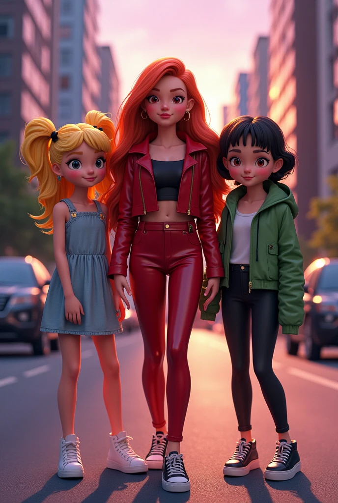 Three realistic girls, inspired by the Powerpuff Girls, standing together in a modern city at dusk. Blossom, with long, wavy red hair, wearing a stylish red outfit with black accents. She has a confident expression and is leading the group. Bubbles, with blonde pigtails, wearing a light blue dress with white sneakers, smiling brightly with a playful and innocent look. Buttercup, with short black hair and a tough attitude, dressed in a green jacket and black pants, with a serious expression. The lighting is soft and cinematic, with a vibrant, urban background and slight lens flare from the setting sun.