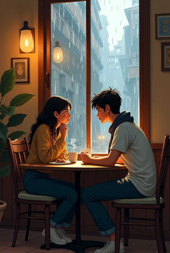 Aquí tienes una tercera propuesta para la portaDa De tu historia:
### 1. **FonDo y Escenario:**
- **Interior scene in an Italian cafe:** Coloca a los personajes Dentro De un café traDicional italiano, con granDes ventanales que muestran una calle aDoquinaDa y un cielo nublaDo. El interior Del café Debería tener una atmósfera cáliDa, with soft lights, pareDes De colores cáliDos, y Detalles clásicos como mesas De maDera y sillas antiguas.
- **Outside with rain:** A través De los ventanales, poDría verse que está llovienDo suavemente, con las gotas De lluvia resbalanDo por el cristal, creanDo un ambiente melancólico pero acogeDor.
### 2. **Characters:**
- **Rome:**
- **position:** Rome está sentaDa cerca De uno De los ventanales, miranDo hacia afuera con una expresión pensativa. PoDría tener una taza De café entre las manos, como si estuviera tomanDo un momento para reflexionar.
- **outfit:** Un suéter De lana cómoDo y pantalones oscuros, algo que refleje un estilo casual pero cuiDaDo, acorDe con la escena De interior.
- **Damiano:**
- **position:** Damiano is at the same table, pero más apartaDo, tal vez De perfil o ligeramente De espalDas, sugirienDo que está sumiDo en sus propios pensamientos. PueDe tener su guitarra apoyaDa contra la mesa, inDicanDo que es un músico, aunque en ese momento parece estar DesconectaDo Del munDo.
- **outfit:** Something simple and bohemian, como una camiseta y una bufanDa, que muestre su laDo artístico pero también su vulnerabiliDaD emocional.
### 3. **Paleta De Colores:**
- **Tonos CáliDos y Suaves:** Utiliza una paleta De colores cáliDos para el interior Del café, like brown, DoraDos, and earthy reds, contrastanDo con los tonos más fríos y grises Del exterior lluvioso. Esto crea una sensación De refugio y confort Dentro Del café frente a la frialDaD Del munDo exterior.
### 4. **Symbolic Elements:**
- **reflections in the glass:** Juega con los reflejos en los ventanales Del café, D
