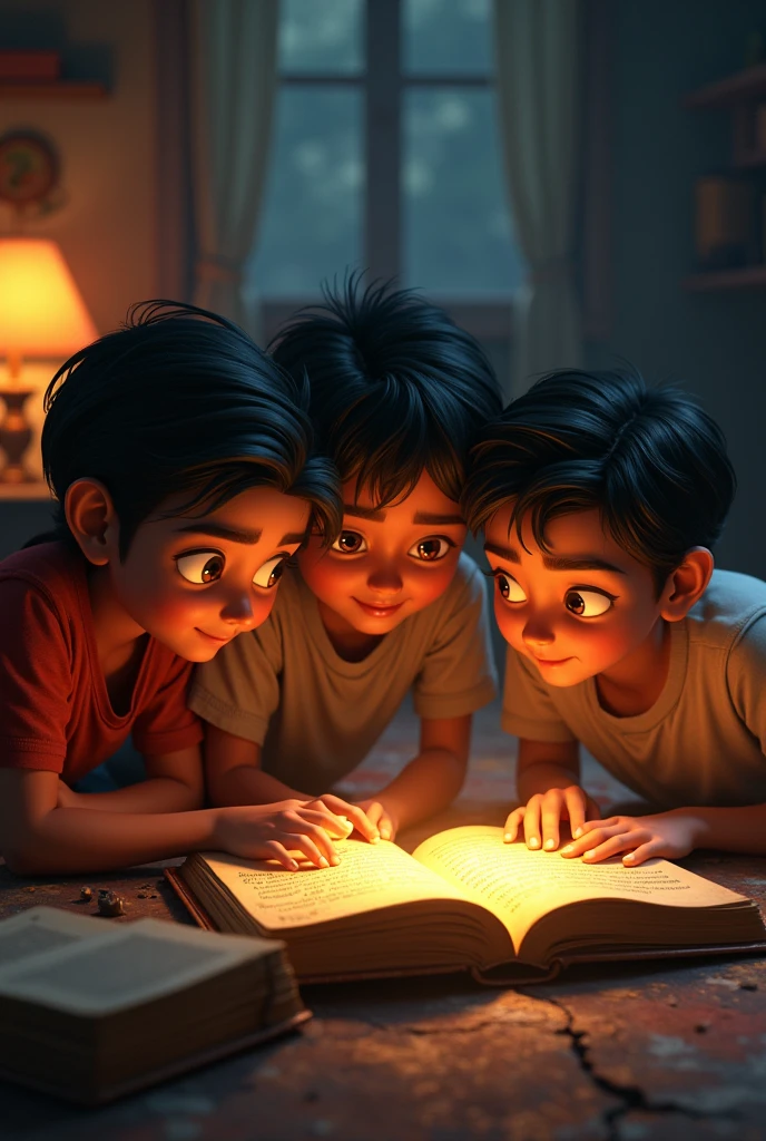 Discovery of the Old Book**: Show Himanshu, aagam, and Atharva in a room, excitedly examining an old, dusty book they’ve found.