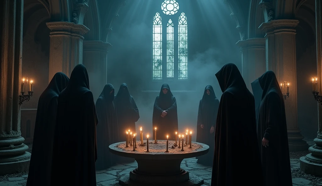 8k、Extreme high angle,(number々の賞を受賞したmasterpiece、Incredible detail、Texture、Maximum details),blue flame candle, (summoning magic),(Midnight Ruins), (dark ritual),(dark organization)arafed image of a group of people in a church with candles,lit candle, dark cinematic concept art, elegant cinematic fantasy art, photorealistic dark concept art, by Beeple, dark robes, wojtek fus, gothic epic library concept, gothic epic library, epic cinematic concept art, dark concept art, Beeple and mike winkelmann, symmetrical epic fantasy art, High resolution, masterpiece, Highest quality, Intricate details, Very detailed, Clear focus, practical skin texture, texture,  Shot with Canon, 85mm, Shallow and deep, Kodak Vision Color, Exactly, Very detailed, photograph_\(Extremist\), photographpractical, practical, Post-processing, Maximum details, Roughness, Real Life, Extremist practical, Photorealism, photographgraphy, 8K Ultra HD, photographgraphy
