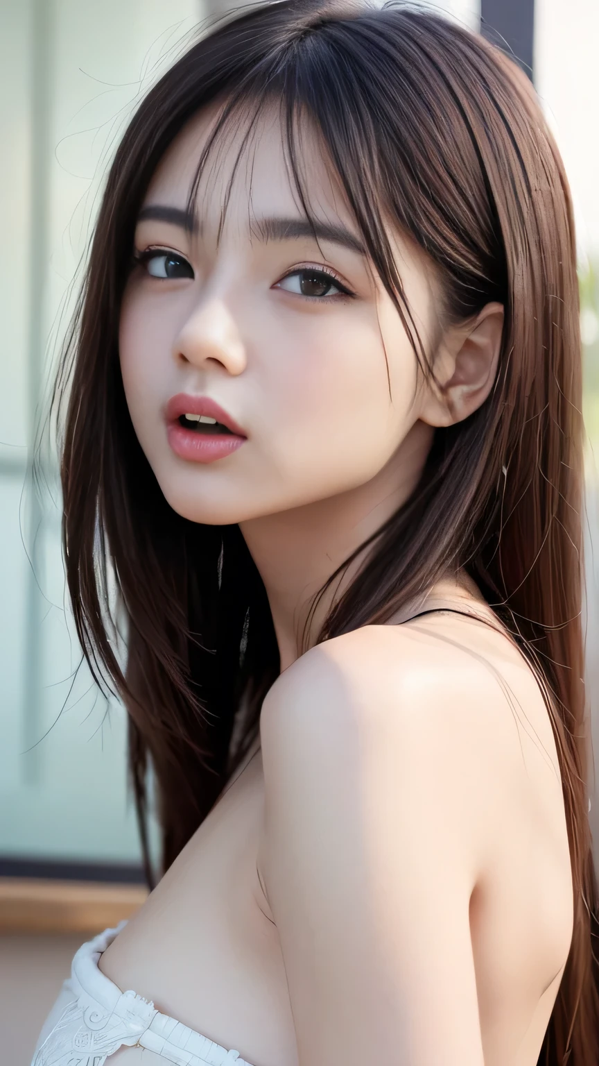 (Highest quality、realism、Glowing skin、8k、Very detailed、Photorealistic photography、Perfect Anatomy、masterpiece: 1.3、Very delicate and elaborate skin、High resolution 16k human lace skin、So fine that you can see your pores、Adapted to natural skin、Symmetrical face)、Portrait、School uniforms、Bright expression、ponytail、Younger, brighter, whiter skin、Gloss Face、Cheek gloss、Best Looks、Blonde reflection、Platinum blonde hair with dazzling golden highlights、shiny bright blonde hair,、Super long, silky straight hair、Shiny beautiful bangs、Very beautiful bright pale blue eyes、Big eyes、Perfect beauty、Ample breasts、Sexy big boobs， beautiful sexy and cute looking＆Cute beautiful sexy face、美しい and sexy face、A strong wind blows my hair in front of my face、Cute and sexy eyes hidden behind long bangs、Eyes welling up with tears、Pink fur mini dress、Open your mouth、stick out all the tongue、saliva、You can see inside the mouth, Open your mouth and stick your tongue out, Realistic tongue、Please stick your tongue out straight、