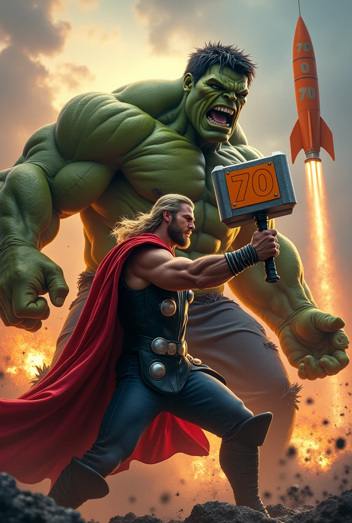 Have Thor hit Hulk with an orange hammer with the number 70 and behind them an orange rocket with the number 70