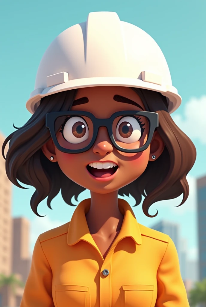 A woman dressed as an occupational health and safety professional, dark-skinned
,Brown hair, glasses, funny cartoon style animated white helmet