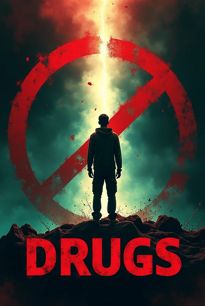 Create a powerful and impactful poster with the theme 'Do Not Use Drugs.' The design should feature a dark, ominous background representing the dangers of drug addiction, contrasted by a bright, hopeful light symbolizing the path to a healthy, drug-free life. Include imagery such as a broken chain to represent breaking free from addiction, a crossed-out pill or syringe, and a person choosing the path of health and freedom. The color palette should use strong contrasts like dark reds, blacks, and bright whites or greens to emphasize the message."