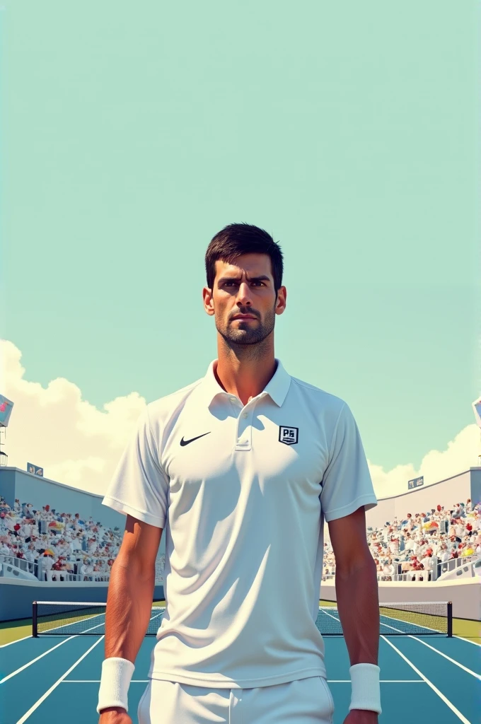 Minimalist and artistic square-sized image of Novak Djokovic with Jannik Sinner, Rafael Nadal, Carlos Alcaraz, and Andrey Rublev playing a match. In the background a tennis court, with soft and pretty colors, with the English phrase of Novak Djokovic: “The winner is the one who believes in victory more”. It is important that Novak and the phrase are the protagonists of the image.