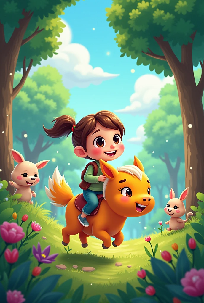Girl rides,Cartoon characters on forest island,cute