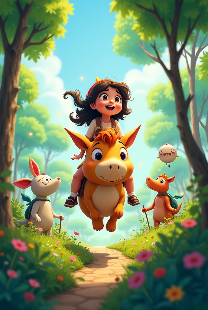 Girl rides，Cartoon characters on forest island，cute