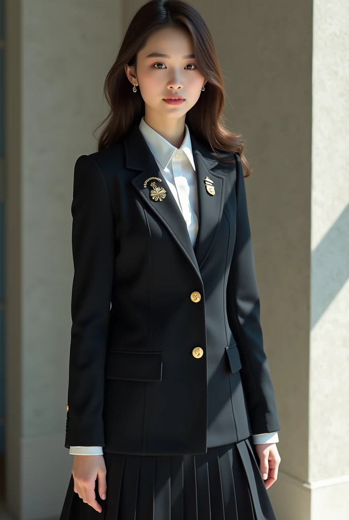 Create two girls' uniforms for an elite school in South Korea, a pure luxury school, the uniforms of the rich have golden buttons, scholarship holders have gray buttons, to differentiate