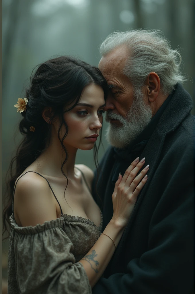 A sad beautiful woman with an older man