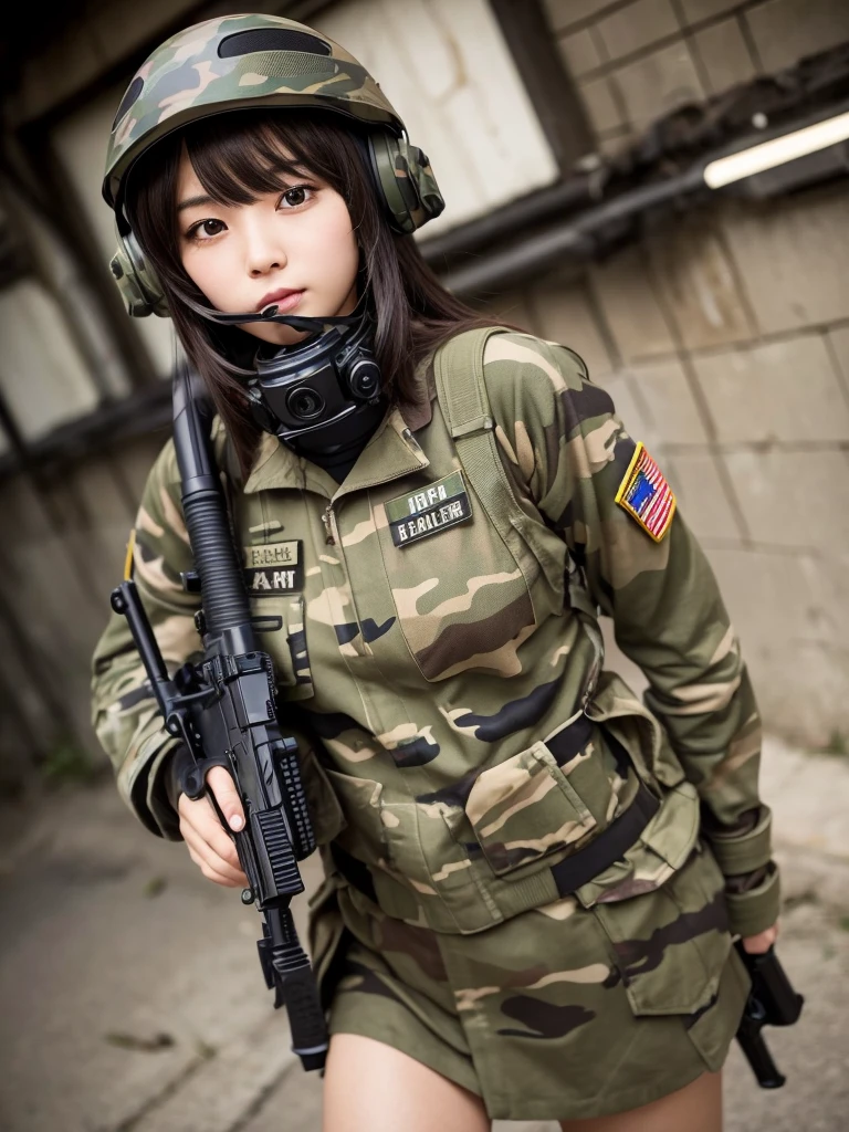 Masterpiece, best quality, ai-generated, camouflage clothing,camouflage helmet, pleated skirt, Medium chest, A glimpse of thighs,random hair, One eye is hidden by the bangs, perfect proportions, high detail skin, Cute, detailed faces, random y pose, precise fingers,panot Girl shooting automatic rifle, (muzzle explodes:1.2), (looks into sight), finely drawn automatic rifle, bulletproof suit, (turn towards the viewer), syncs body orientation and gaze, dynamic angle, battle, war,
