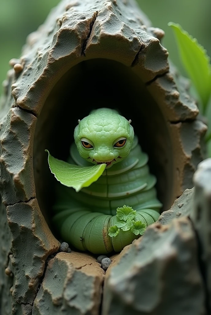 a caterpillar inside a broken rock is eating a green leaf at the tip of its mouth