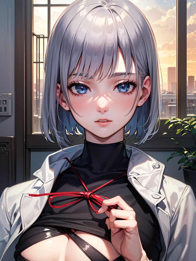 ((perfect anatomy:1.3,realistic:1.3,masterpiece、highest quality、Ultra - High resolution、High resolution、Highly detailed CG、8K)), 1girl, Silver hair, short hair, light blue eyes, beautiful girl, Japanese, drawn in the style of Japanese anime, pencil drawing