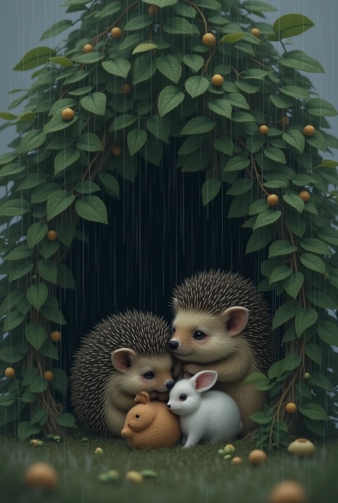 Sad hedgehog curled up in a tall bush while it rains while a cute hare and more animals snuggle next to him
