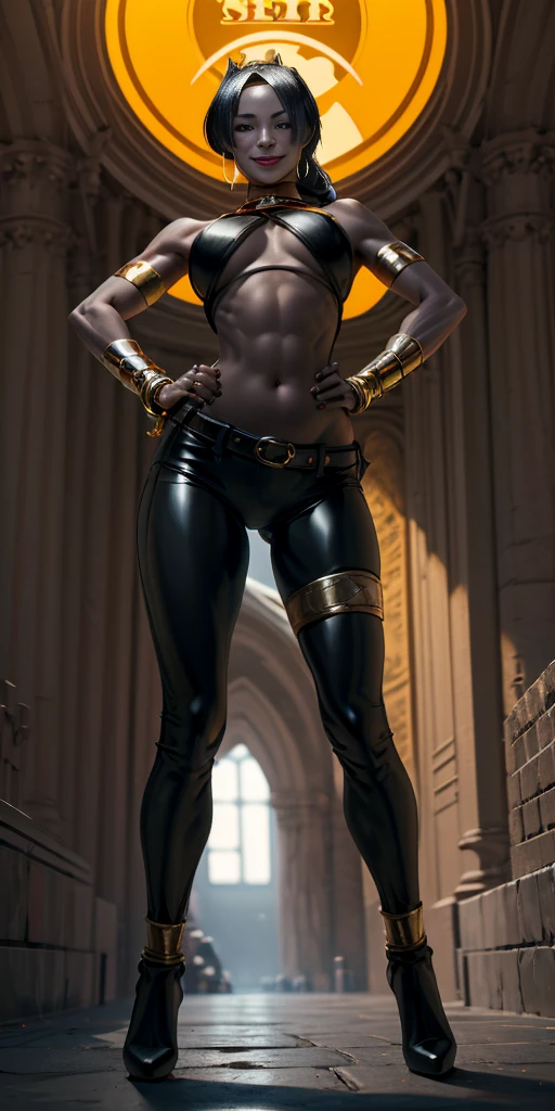 full body, whole body, solo, female, big breast, yellow bikini, hands on hips, hands on waist, navel, lustful smirking smiling, smile red face, metal shoulders, gold sleeveless armbands, black leather choker collar, shackle bracelet, pauldrons, breastplate, leather corset, eye focus, loincloth standing, metal sandals, twin big belt, view from below, feet together, bracers, tiara