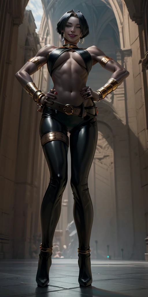 full body, whole body, solo, female, big breast, yellow bikini, hands on hips, hands on waist, navel, lustful smirking smiling, smile red face, metal shoulders, gold sleeveless armbands, black leather choker collar, shackle bracelet, pauldrons, breastplate, leather corset, eye focus, loincloth standing, metal sandals, twin big belt, view from below, feet together, bracers, tiara