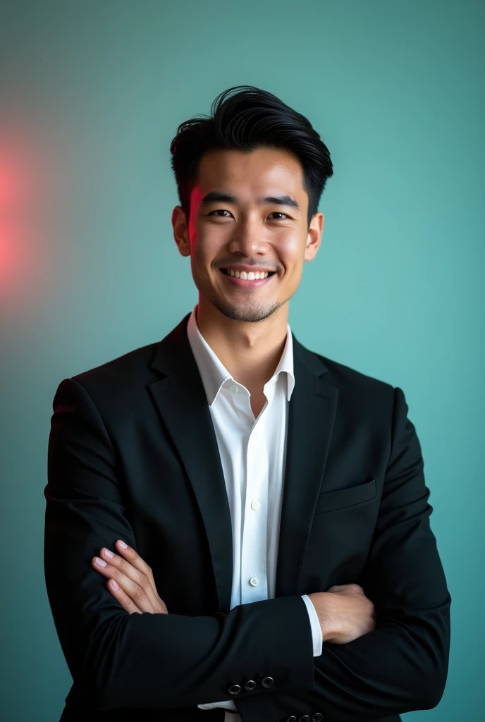 A young man with dark hair and a confident smile. He is dressed in a black blazer over a white shirt.The man is positioned Against Aqua colour backdrop with a subtle red lighting on the left side. And he posting for LinkedIn profile
