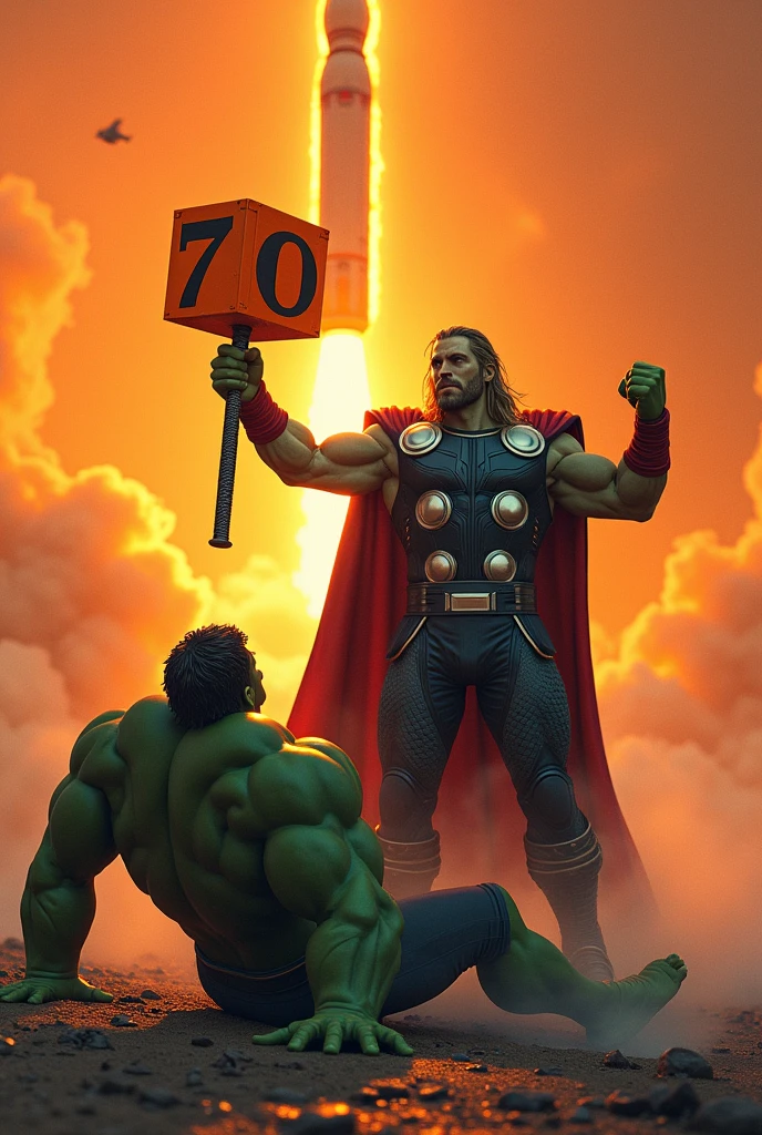 Have Thor hit Hulk with an orange hammer with the number 70 and Hulk lying on the ground and behind them an orange rocket with the number 70