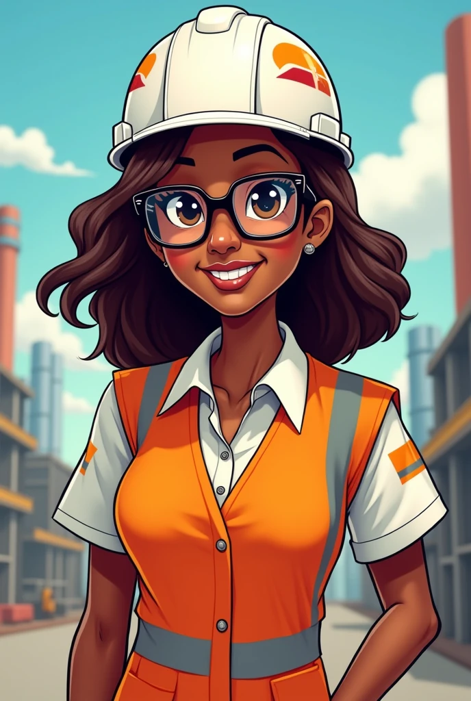 A woman dressed as an occupational health and safety professional, dark-skinned
,Brown hair, glasses, animated white helmet cartoon type

