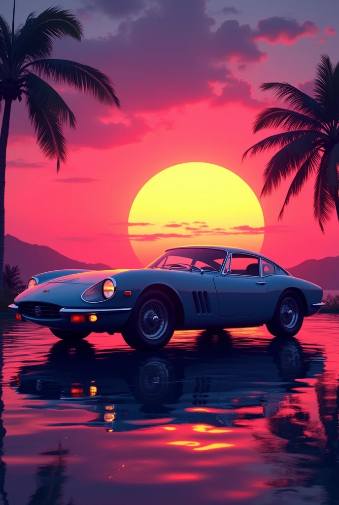 Old classic sports car in front of sunset, vaporwave style, neon style, smooth lines, vector sticker art, Vector cores, intricate detail, black t-shirt design, 8k