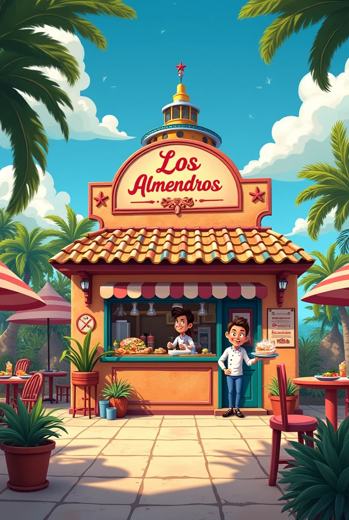 Disney style image of a cevicheria called Los Almendros , It has a synthetic pigsty and sells delicious food. , advertising
