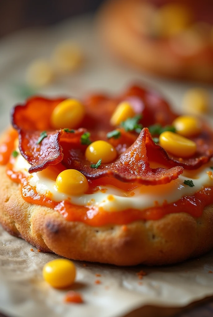 Image of a mini pizza with mozzarella cheese, bacon, pinenton y maiz