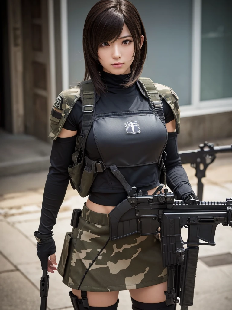Masterpiece, best quality, ai-generated,official art, final fantasy, tifa lockhart, camouflage clothing,camouflage helmet, pleated skirt, Medium chest, A glimpse of thighs,random hair, One eye is hidden by the bangs, perfect proportions, high detail skin, Cute, detailed faces, random sexy pose, precise fingers,panty shot Girl shooting automatic rifle, (muzzle explodes:1.2), (looks into sight), finely drawn automatic rifle, bulletproof suit, (turn towards the viewer), syncs body orientation and gaze, dynamic angle, battle, war,