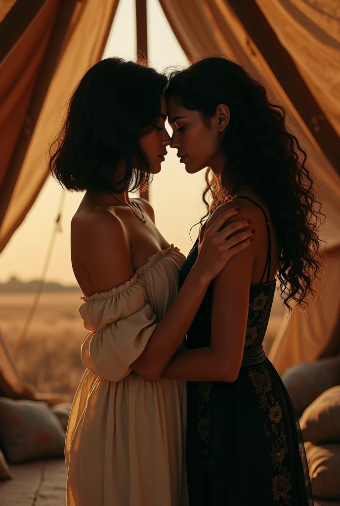 An Asian woman with short black hair and a sensual body next to a brown woman with curly hair and a small nose in a medieval tent 
