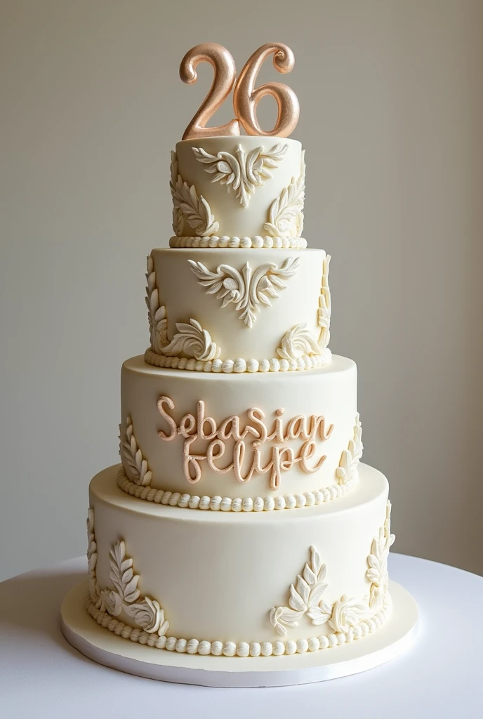 Birthday cake that says Sebastian Felipe, the number 26, 4-tier cake and the third one is completely clean with nothing and there is a space on one of the floors for me to draw something