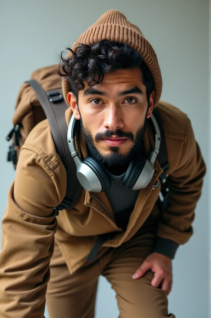 30 year old Asian man, curly hair, slight beard, wearing a brown beanie, headphones around his neck, wearing a brown sweater with a black pattern, view from the side 3/4, straining for the camera, carrying a backpacker bag