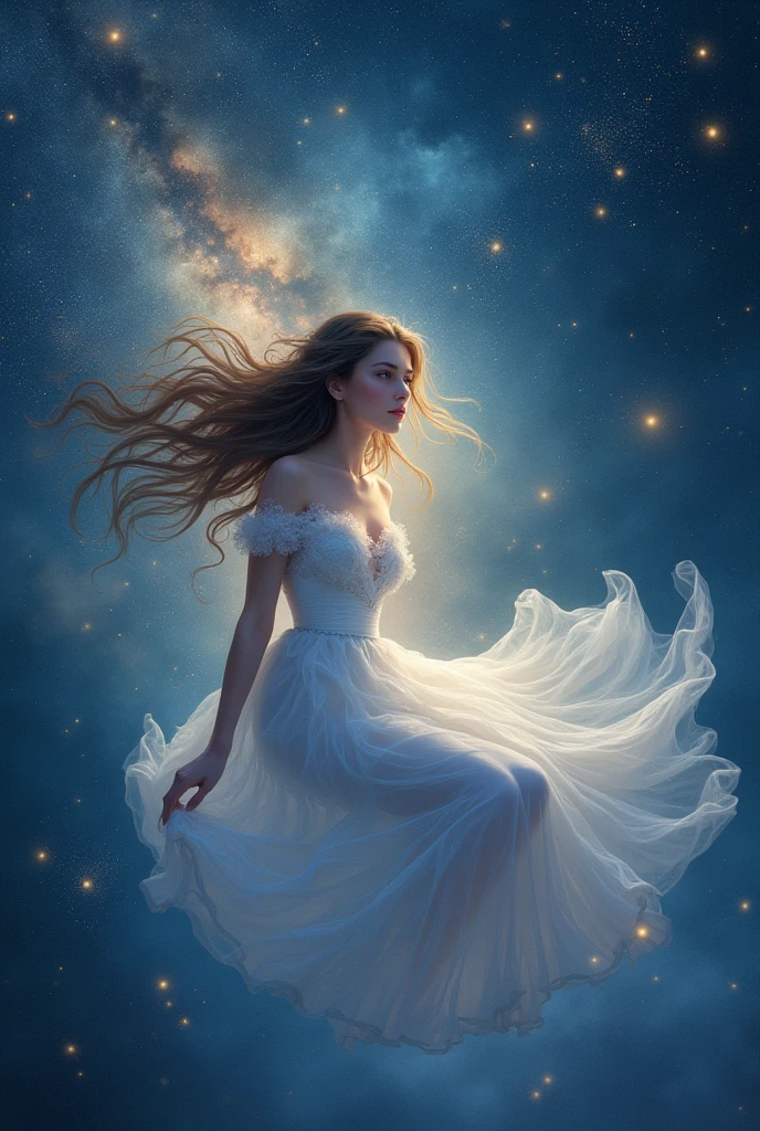 Create a romantic image of a girl in the stars with the name Micaela