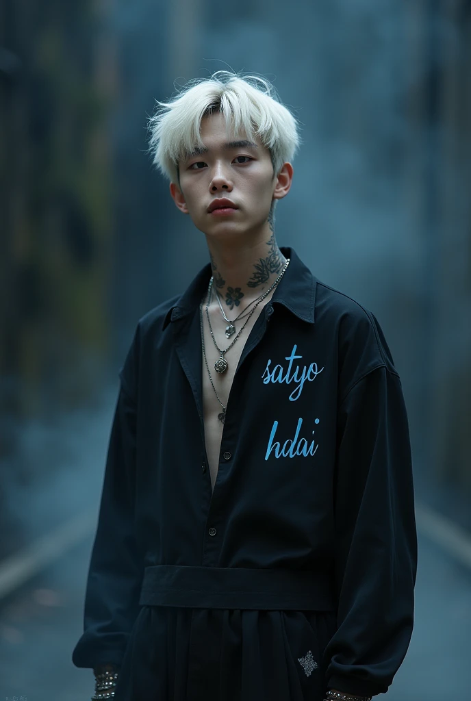 a handsome 1 Korean boy.white hair. wearing black clothes. there is a flower tattoo on her neck. wearing metal bracelets, and necklace. displaying 'SATYO BUDI' on his shirt. divine dark and smoky thin background.detailed and clear creation.light blue bold font.