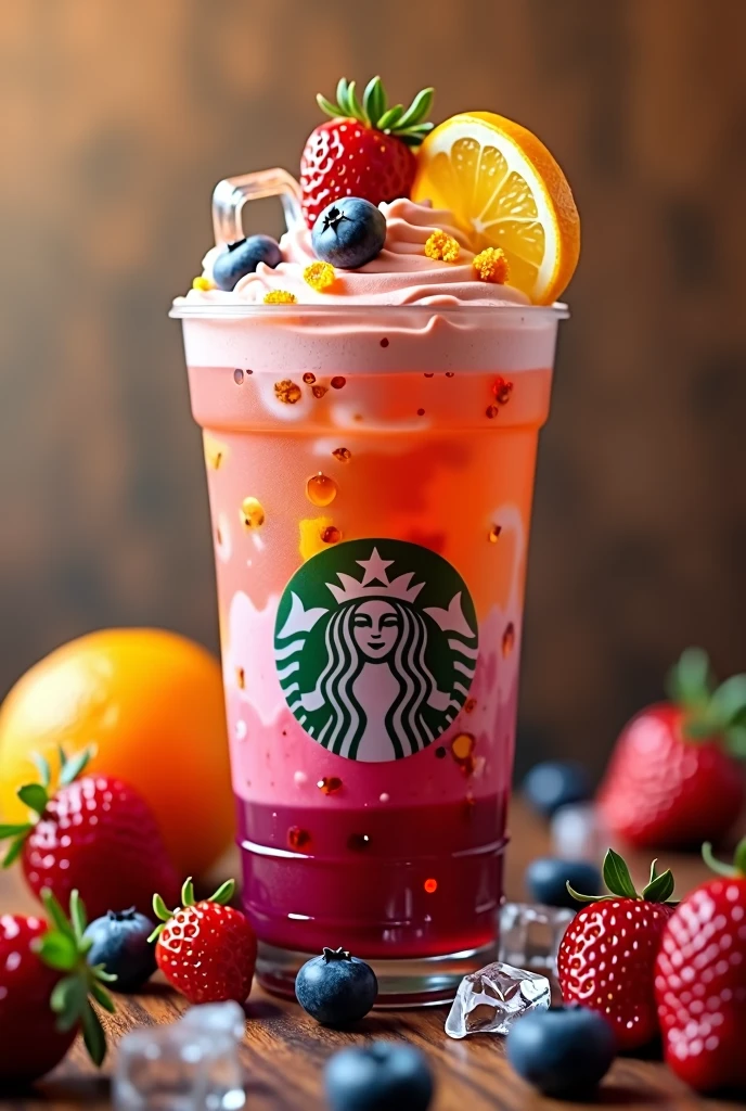 Cold coffee known as Starbucks brand frappe with orange fruits, strawberry and blueberry. The acidic notes of berries combine with the warmth of citrus, creating an eye-catching and refreshing drink Ingredients:
Orange-infused iced coffee, Strawberries and blueberries Garnished with a slice of dehydrated orange and ice cubes Style: Visually imitates a sunset, with gradient colors from dark brown to vibrant berry tones, with a glass and its Starbucks brand