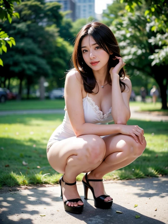 (RAW Photos:1.2), (Realistic:1.4),Beautiful detailed woman,非常にfine grainと顔, fine grain, Very detailed,High resolution, Very detailed,Highest quality,Raise awareness,Unified,8k wallpaper,masterpiece,Highest quality,1 female,alone,rich,Whole Body Ezbian,(A little thick:0.9),Toned figure,,Tight waist,alone,(Lace one-piece dress,mini skirt,High heels),Jewelry Necklace Medium Long Hair,A kind smile,A dignified atmosphere,black eye,Realistic,Central Park , (Wind:1.1)