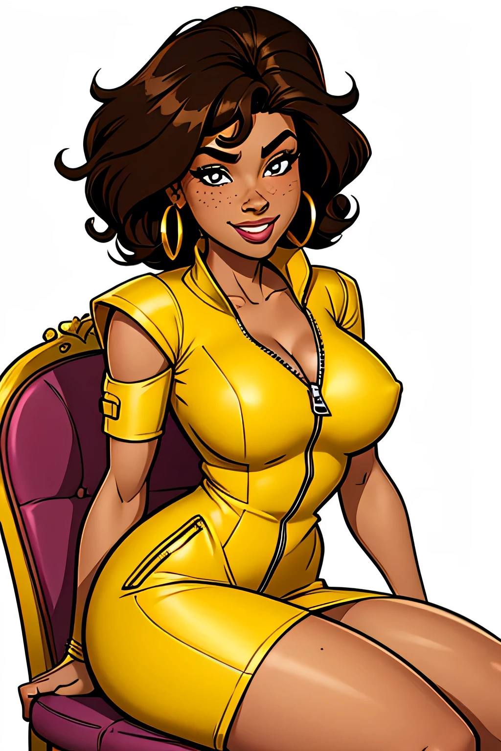 Thin woman, age 25, 4K (High definition), beautiful smile, seducing gaze, eyes browns, wearing a yellow dress ((with side zipper, decote canoa, shortsleeves)), arms positioned at the side of the body, brown skin, short curly black hair ((at shoulder height)), sitting in a chair, curvy with freckles on her chest and neck, round breasts. High-quality Marvel style, white background.