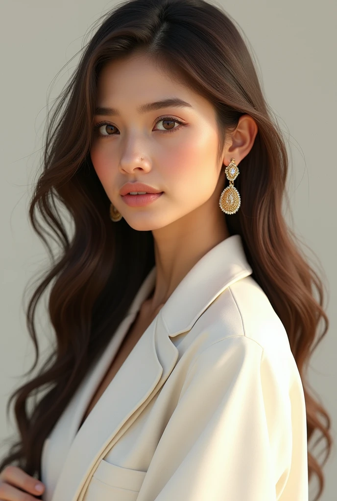 A beautiful girl with long brown hair and brown eyes, wearing casual indian white suit, matching earrings,