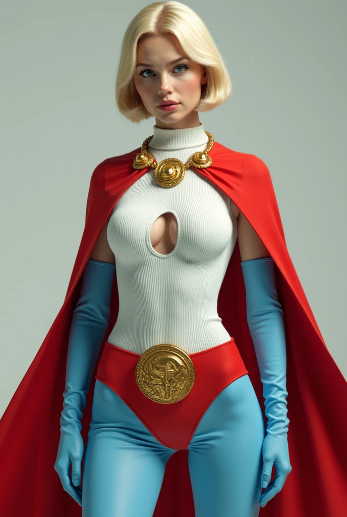PHOTO REALISM. A FEMALE WITH SHORT BLONDE HAIR, BLUE EYES WEARING A WHITE TURTLE NECK CORDROY LEOTARD WITH A CUT OUT HOLE ON THE CHEST, LONG BLUE GLOVES, TALL BLUE BOOTS, A RED WAIST BELT WITH A SOLID GOLD MEDALLION, AND A LONG RED CAPE ATTACHED AT THE NECK WITH A GOLD MEDALLION CLASP. PHOTO REALISTIC. ABSURD 8K DETIALS AND TEXTURES. MASTERPIECE.