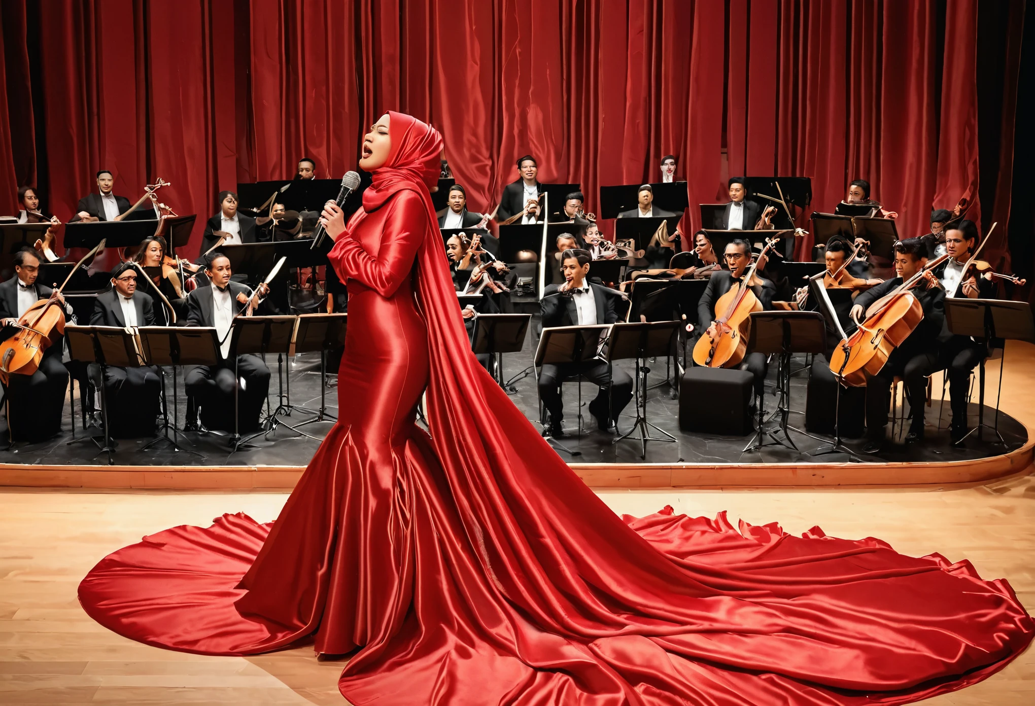 A woman shrouded in a 8-meter-long, plush red satin cloth, tightly bound and grandly draping along the form of her body, flowing off into a pooled floor-length train, styled in a mermaid-inspired outfit, her head modestly veiled in a satin hijab, tall woman, standing and singing in orchestra, stand microphone, a full-body pose posing in front of people, captured in a 4k resolution, ultra-realistic