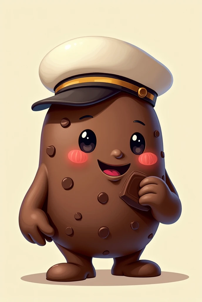 Small chocolate chip brownie shaped male character for logo, with sailor's cachangá, com chocolate na boca