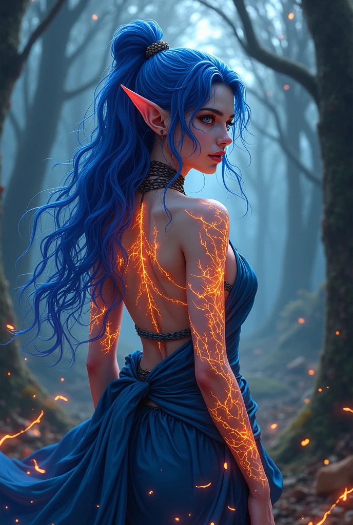 Beautiful and handsome elf, neon midnight indigo, elf woman, Elfo Punk, Ablaze white tattoo, Ablaze, woods, tenebrosa, Location , Pose legal, beautiful magical creature like jaguar, Ablaze, blue sash, fiery, both look gorgeous and fiery, forst, cute anime style, illustration, uhd in style, hyperrealistic realistic,