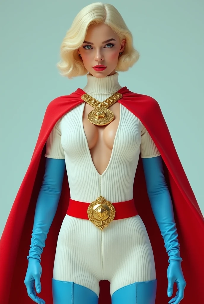 PHOTO REALISM. A FEMALE WITH SHORT BLONDE HAIR, BLUE EYES WEARING A WHITE TURTLE NECK CORDROY LEOTARD WITH A CUT OUT HOLE ON THE CHEST, LONG BLUE GLOVES, TALL BLUE BOOTS, A RED WAIST BELT WITH A SOLID GOLD MEDALLION, AND A LONG RED CAPE ATTACHED AT THE NECK WITH A GOLD MEDALLION CLASP. PHOTO REALISTIC. ABSURD 8K DETIALS AND TEXTURES. MASTERPIECE.