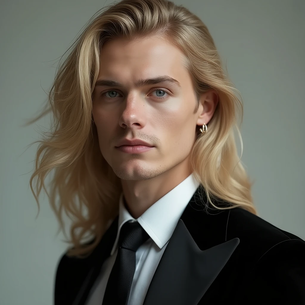 (photorealism:1.2), handsome man, back-length blond hair, gray eyes, fair skin, formal, elegant, fancy, well defined, extremely handsome man, formal, handsome, black formal outfit, long blond hair, very long blond hair loose