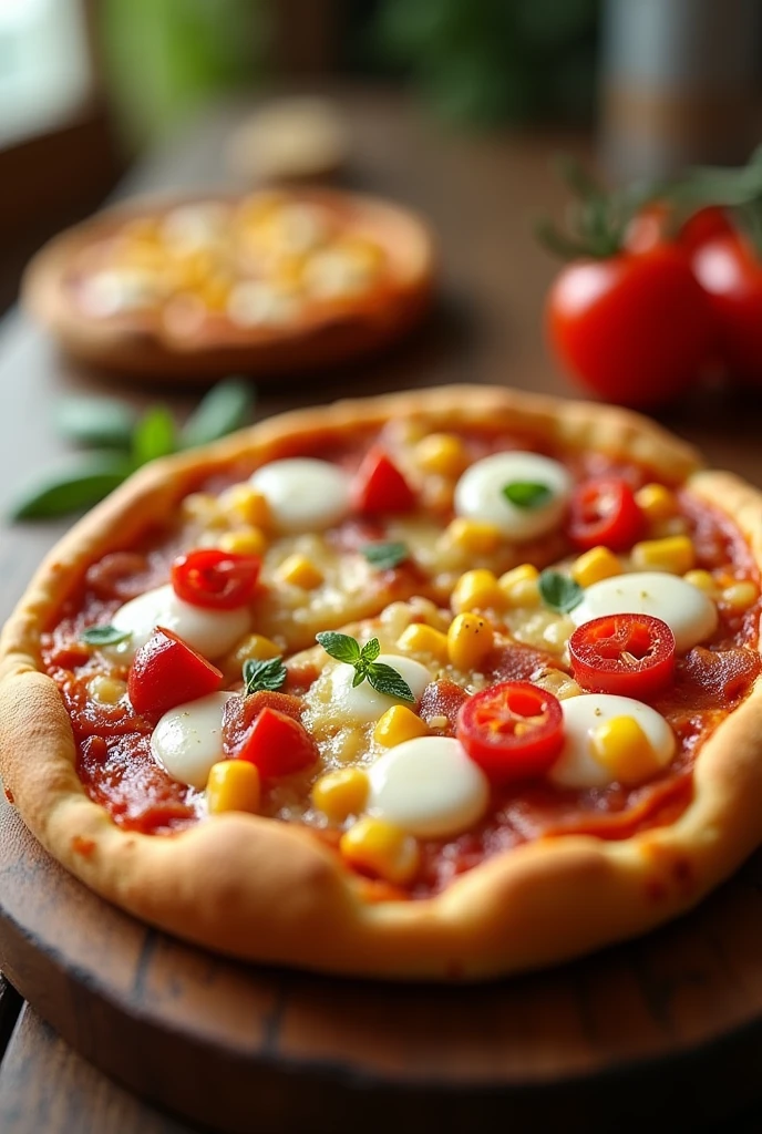 Image of a mini pizza with mozzarella cheese, bacon, pinenton and corn that can be seen in the distance