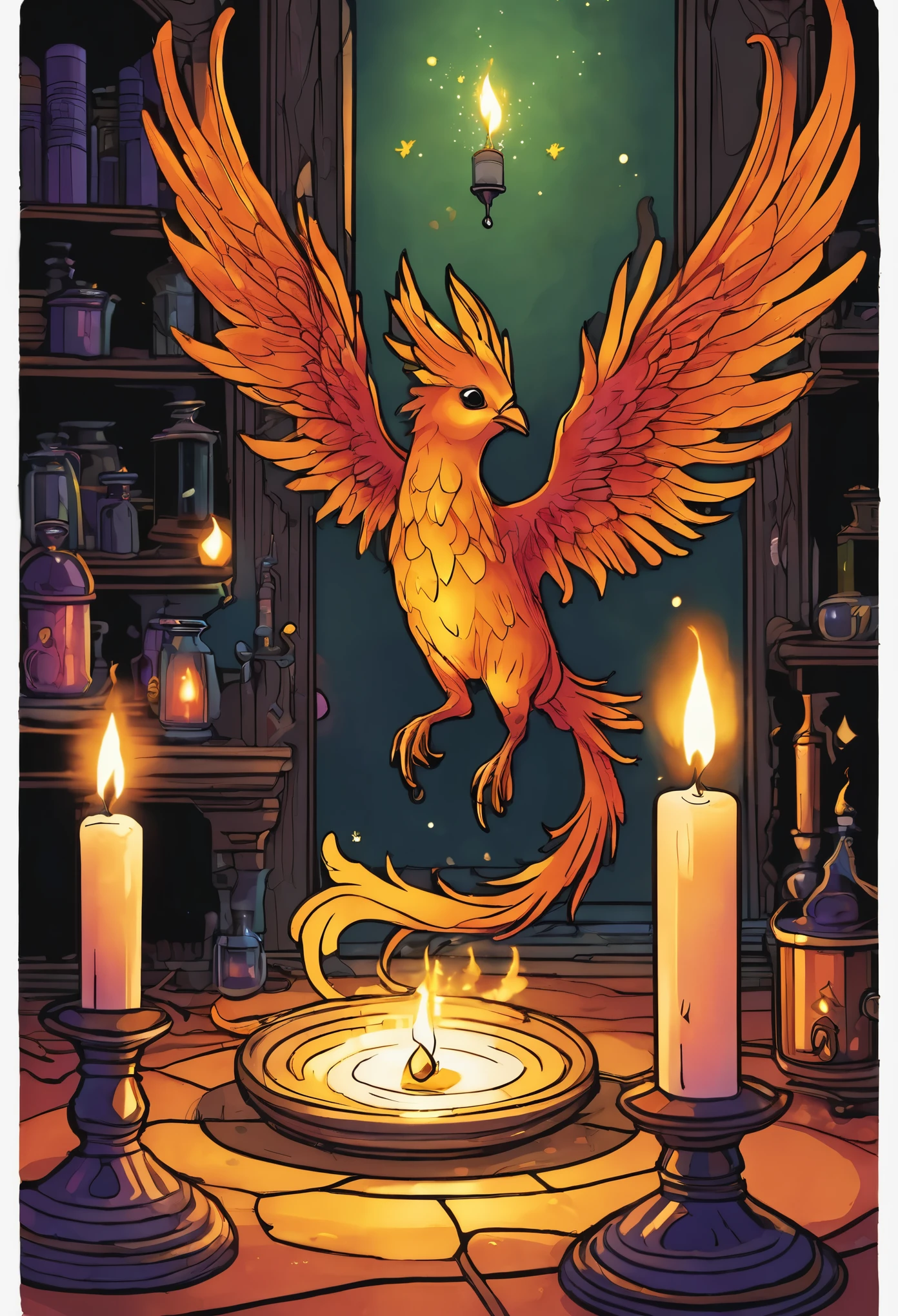 A tiny fairy phoenix flits away from a candle in a dim Wizards laboratory